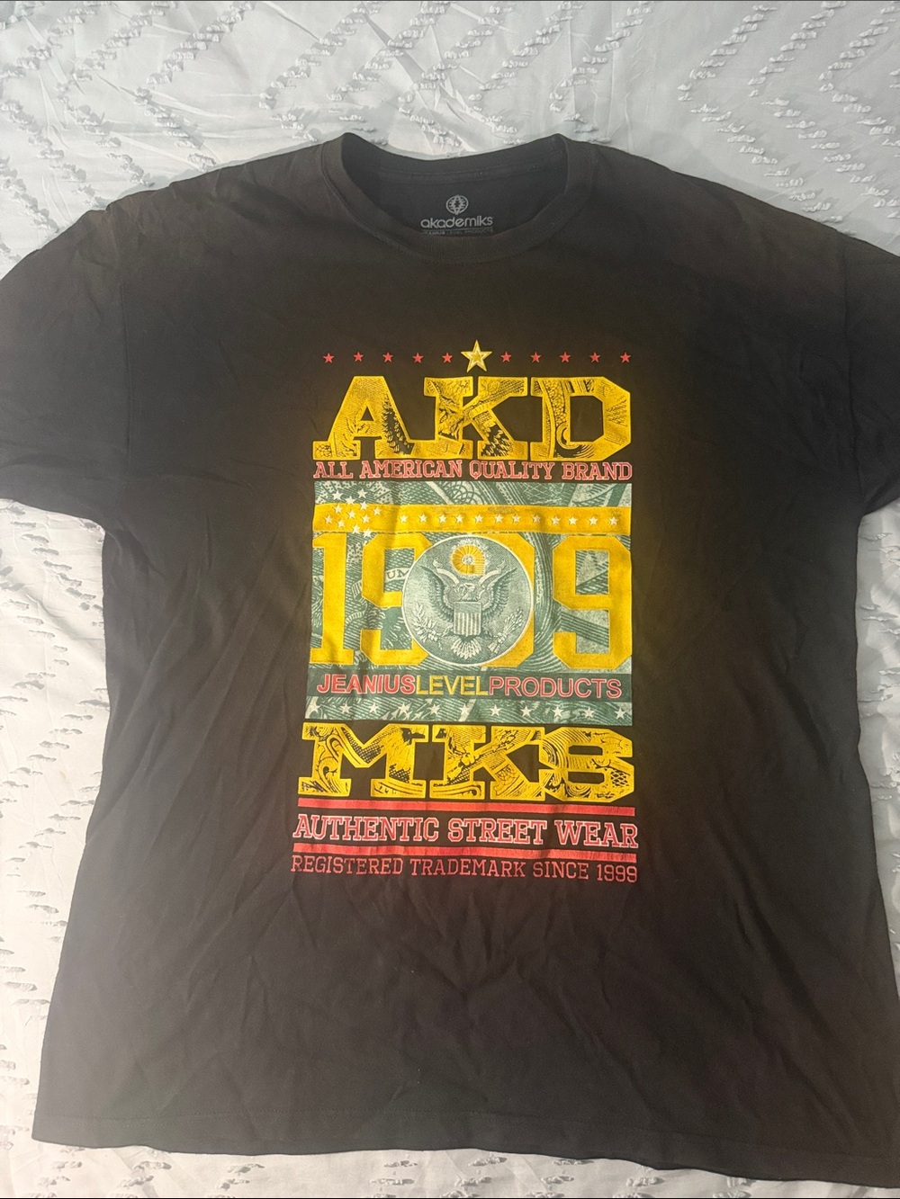 Akademiks Black Tee with Yellow & Red Graphic Front Print